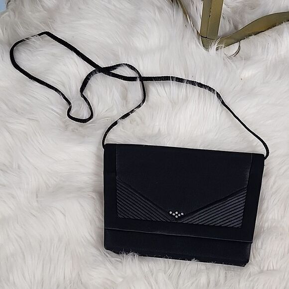 Vintage La Regale Rhinestone Pleated Assymettrical Black Crossbody Evening Bag - Picture 1 of 13